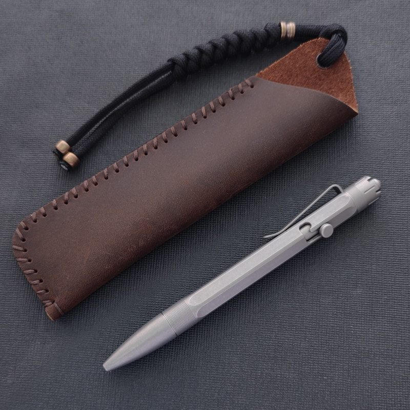 TiBolt natural titanium bolt-action pen set with the included leather sleeve