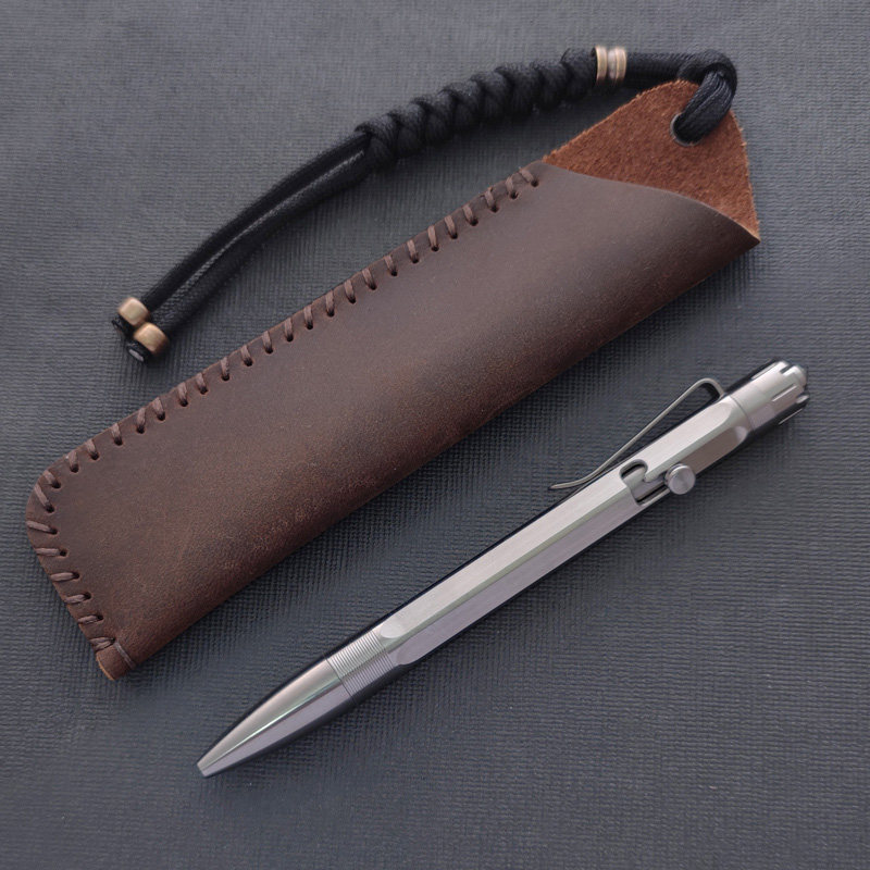 Natural Titanium TiBolt pen with the included leather sleeve