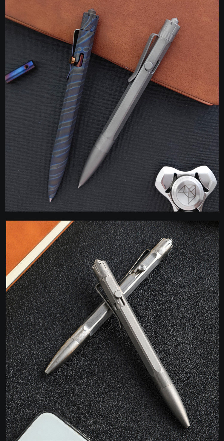 TiBolt titanium bolt-action pen layout with the leather sleeve